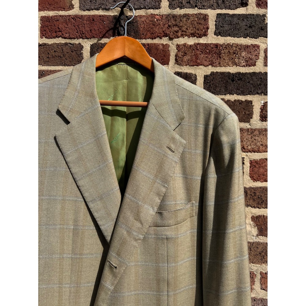 Kiton Napoli 100% Cashmere Sport Blazer Olive tan Plaid Windowpane Coat 46